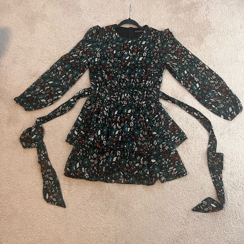 Elegant Floral Long Sleeve Dress with Waist Tie